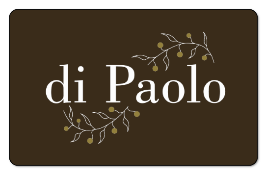 "di Paolo" in white text with light olive branch detailing over brown background